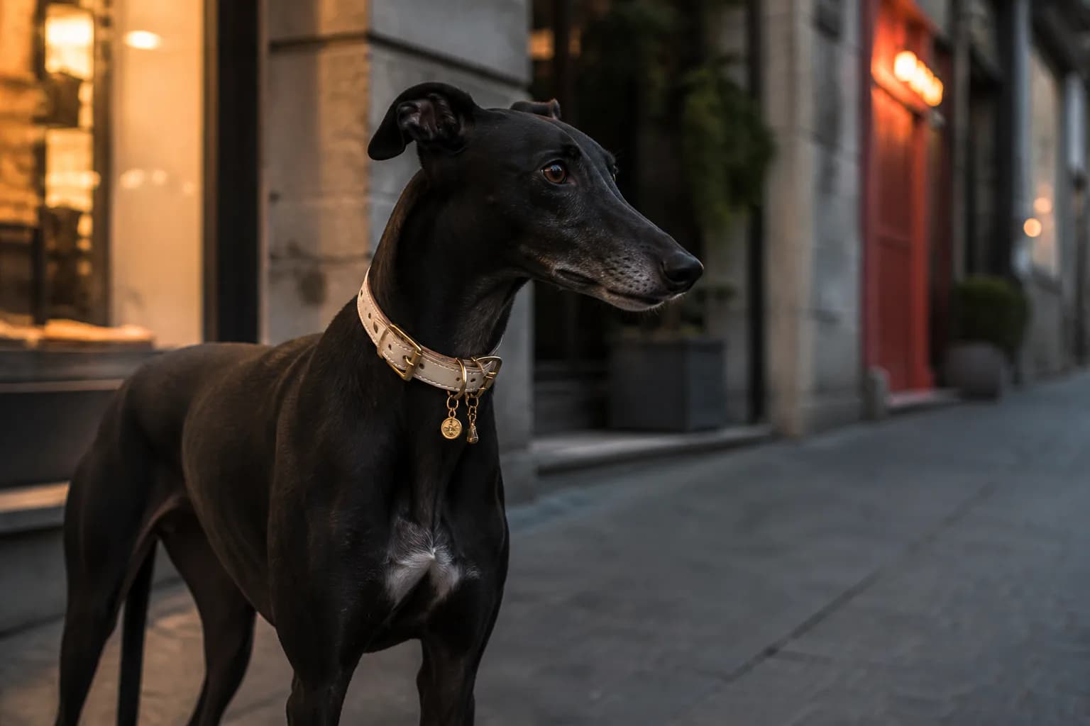 A slender black dog wearing a cream leather collar in the city