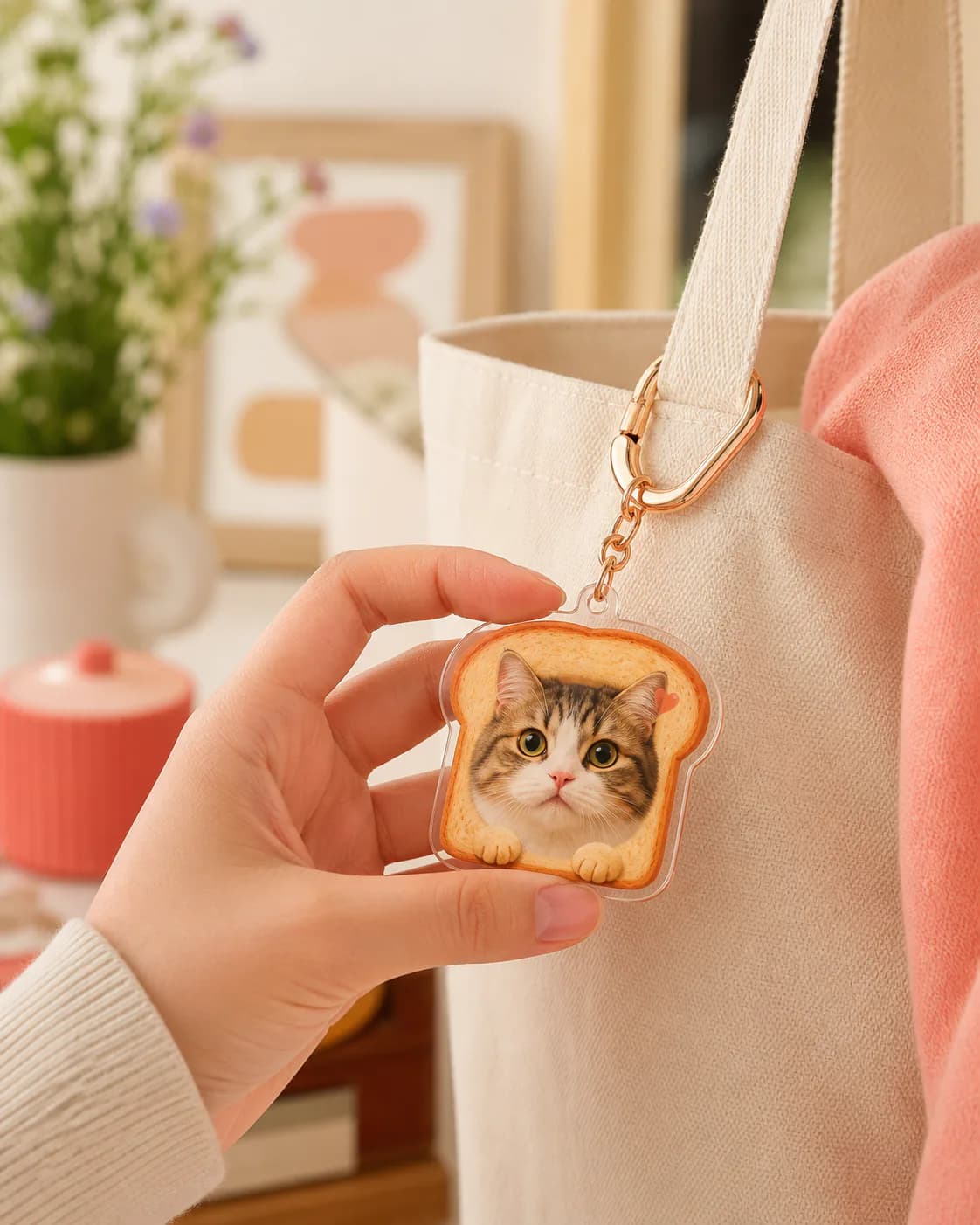 A toast-shaped pet portrait keychain clipped to a canvas tote